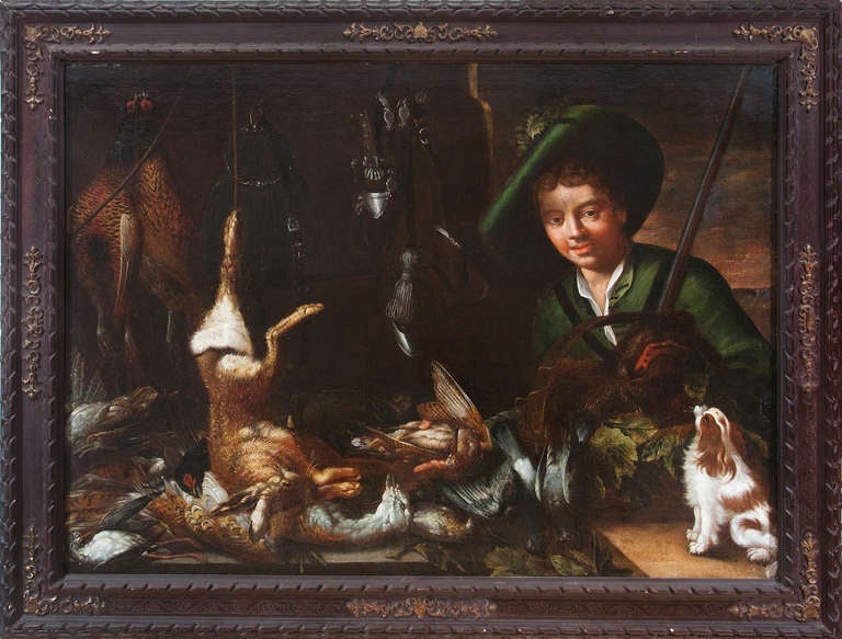 Flemish School, A hunter and A noble lady, both surrounded by the catch of the day, oil on canvas