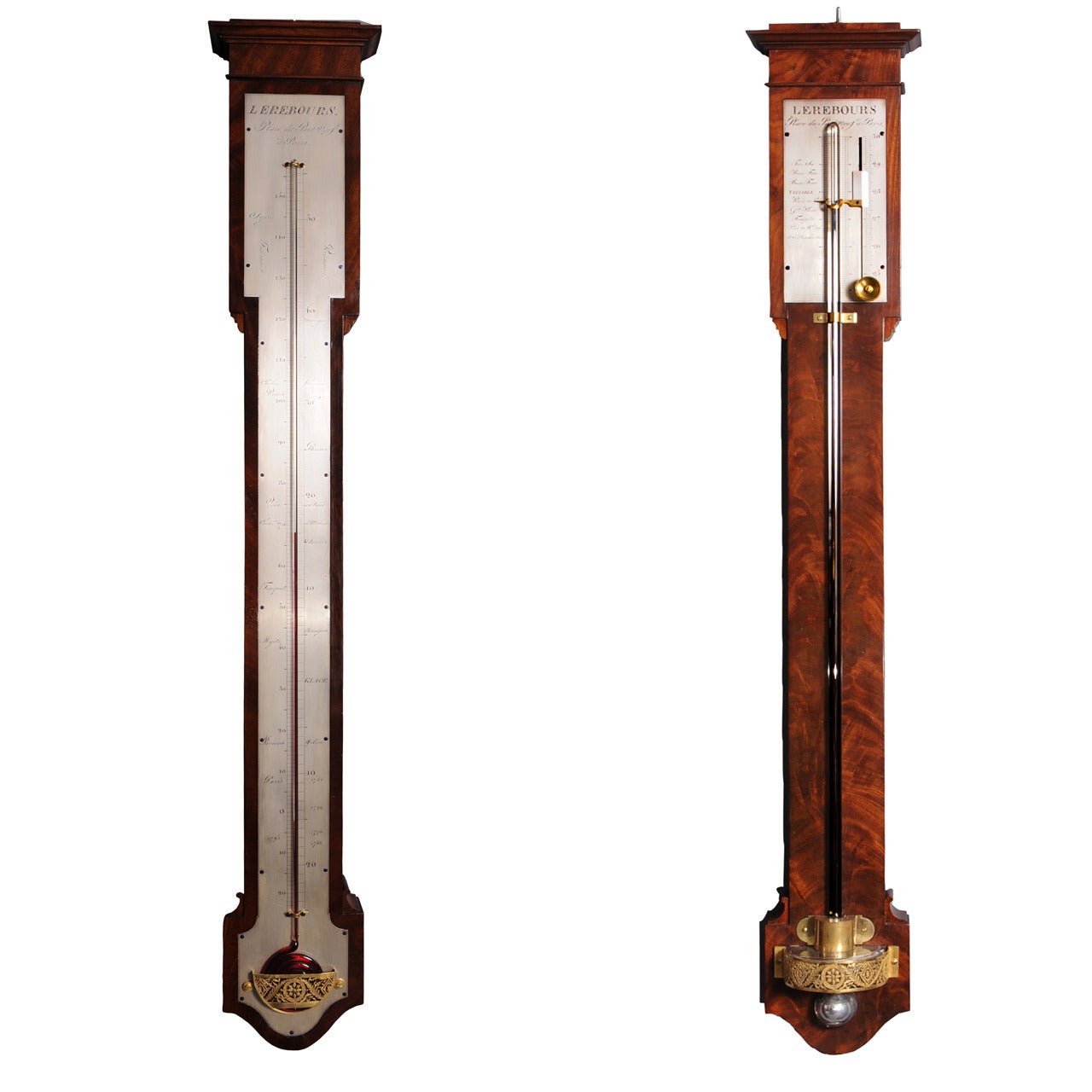 A French Charles X wall thermometer and barometer (pair), Lerebours, circa 1835 For Sale