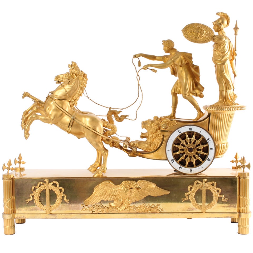 Attractive French Empire Ormolu Sculptural Chariot Mantel Clock For Sale