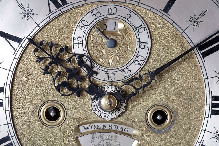 Rare and Good Dutch Burr Walnut Longcase Clock with Planisphere Dial. For Sale 2