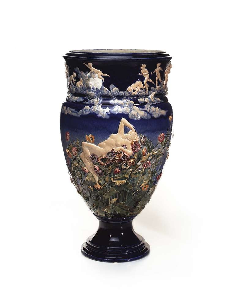 A monumental Choisy-le-Roi Maiolica vase by Louis Carrier Belleuse, circa 1880