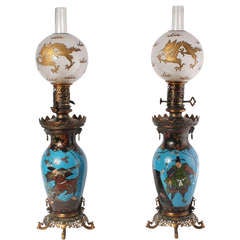 Antique A pair of cloisonné oil lamps, Barbedienne mounted circa 1880