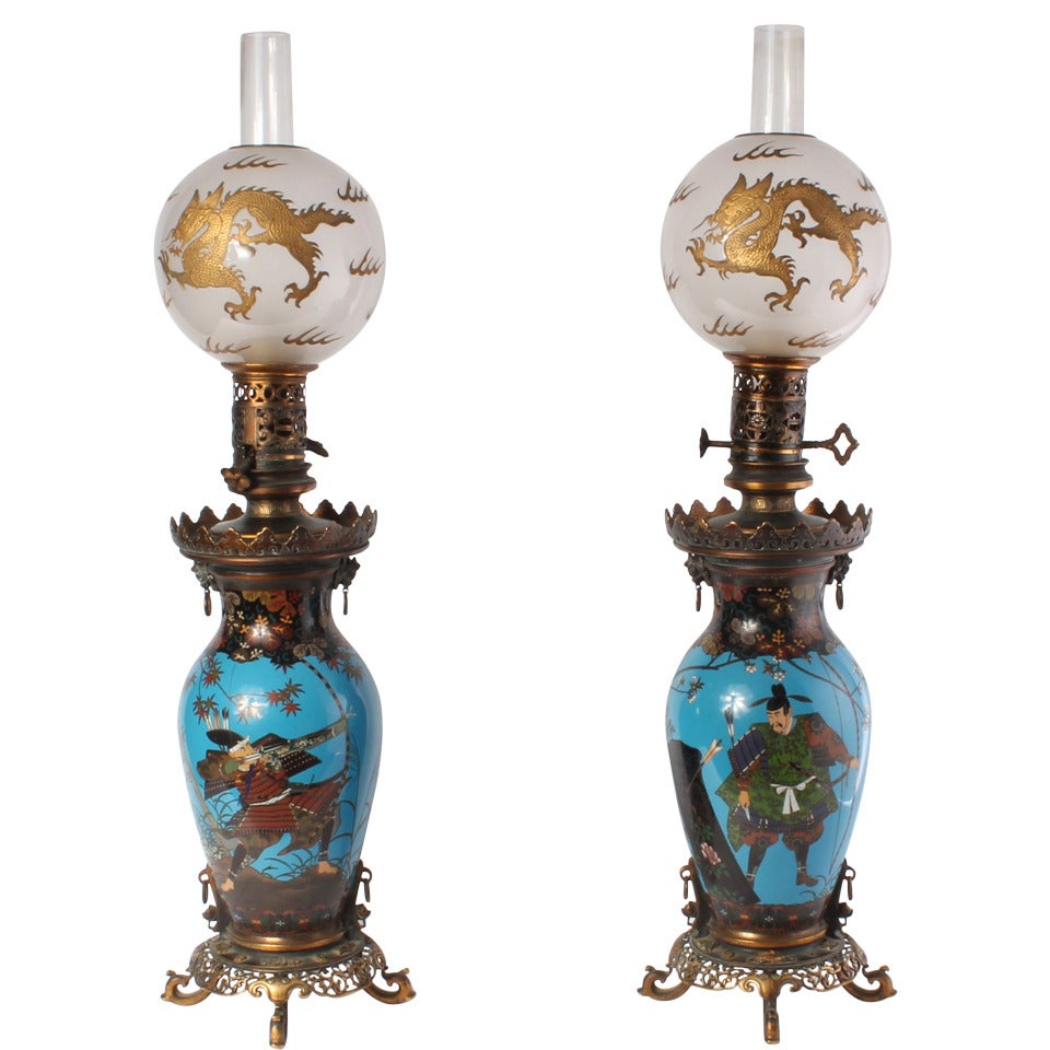 A pair of cloisonné oil lamps, Barbedienne mounted circa 1880 For Sale
