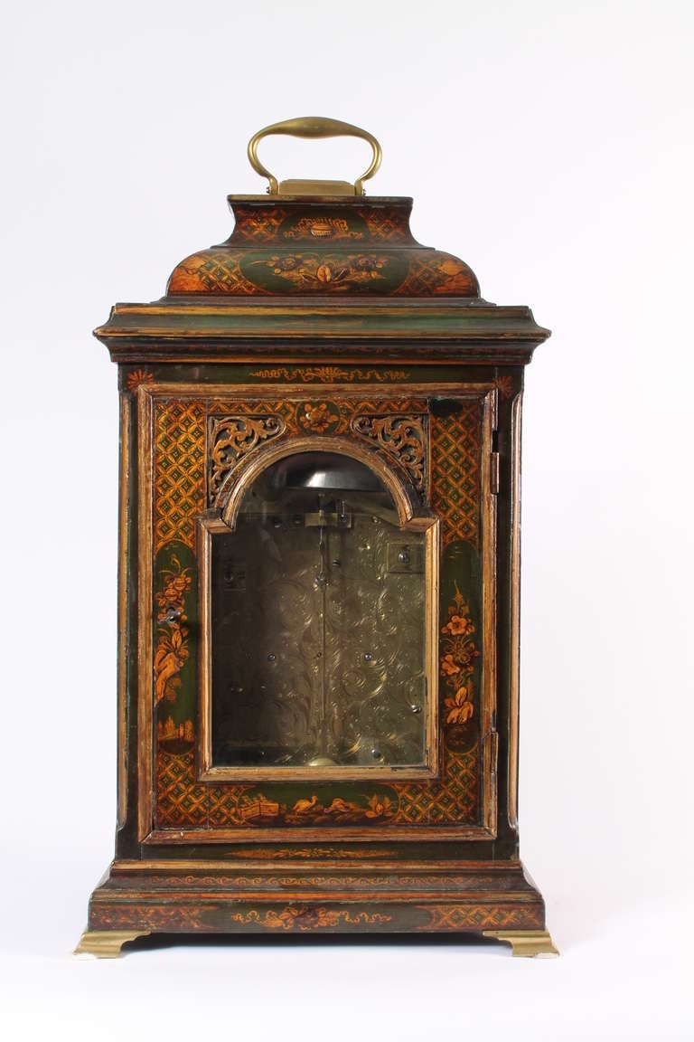 18th Century and Earlier An English Lacquered Chinoiserie Bracket Clock circa 1750 For Sale