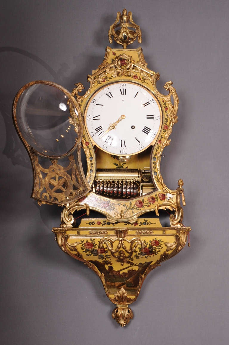 A Swiss Louis Xvi 'vernis Martin' Musical Bracket Clock On Wall Bracket, Dated 1784

Case: the ormolu mounts are all signed with initials 'D.L.' on the backside. 

Movement: the eight-day movement with rack strike and so-called 'Dutch strike',