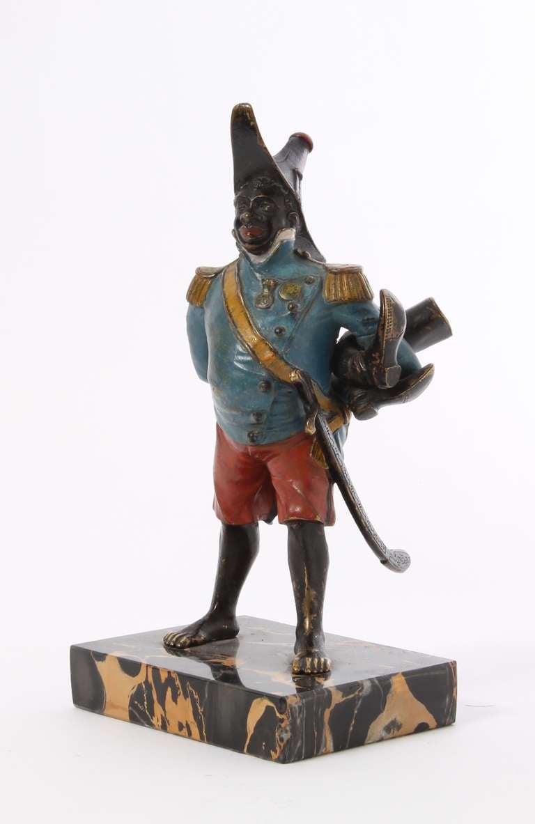 A Cold Painted Bronze Model of General Toussaint-Louverture on Portor Base, Circa 1880 In Good Condition For Sale In Amsterdam, Noord Holland