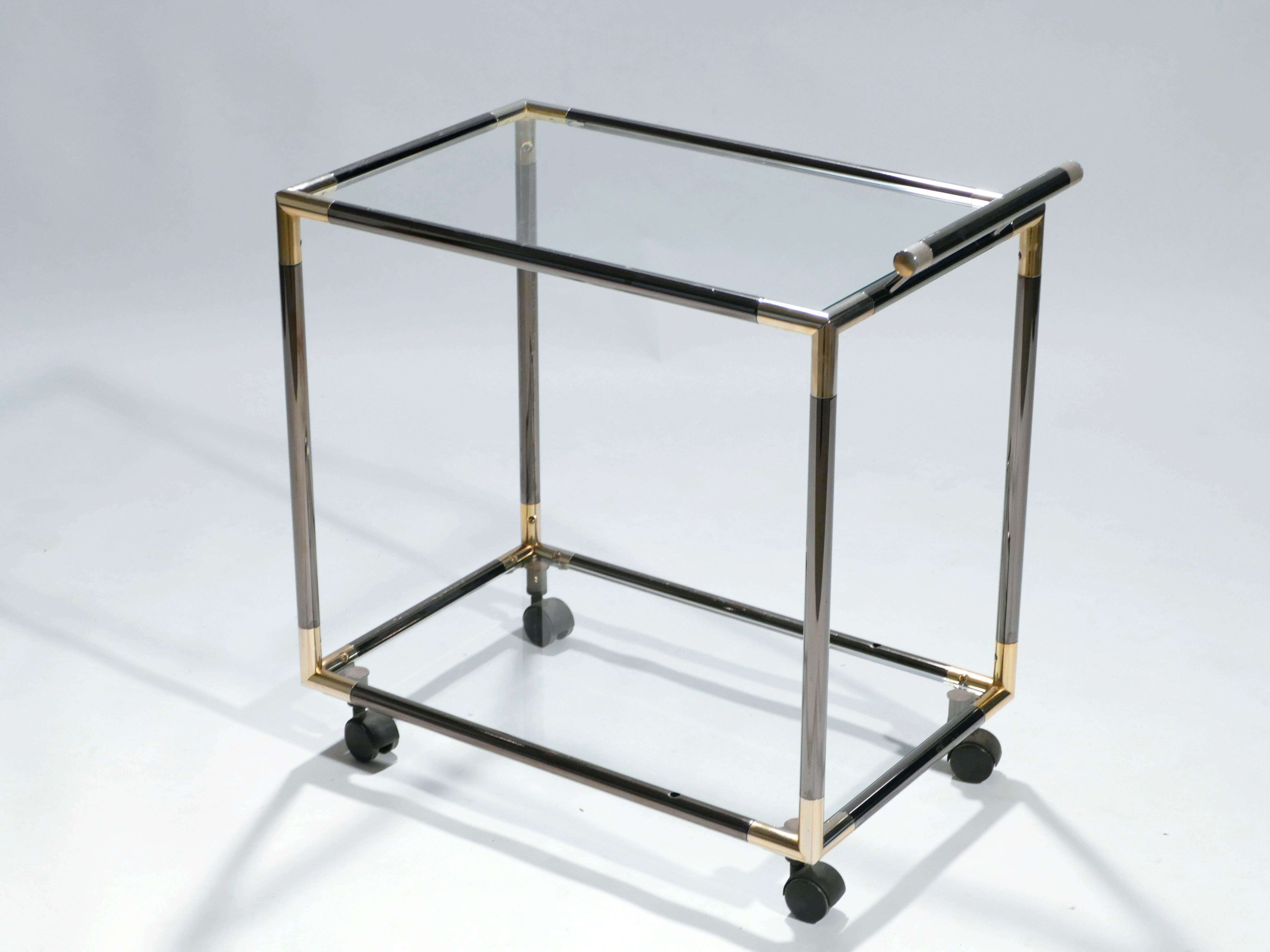 French Hollywood Regency Gunmetal Brass Bar Cart Maison Jansen Style, 1970s im Zustand „Gut“ in Paris, IDF