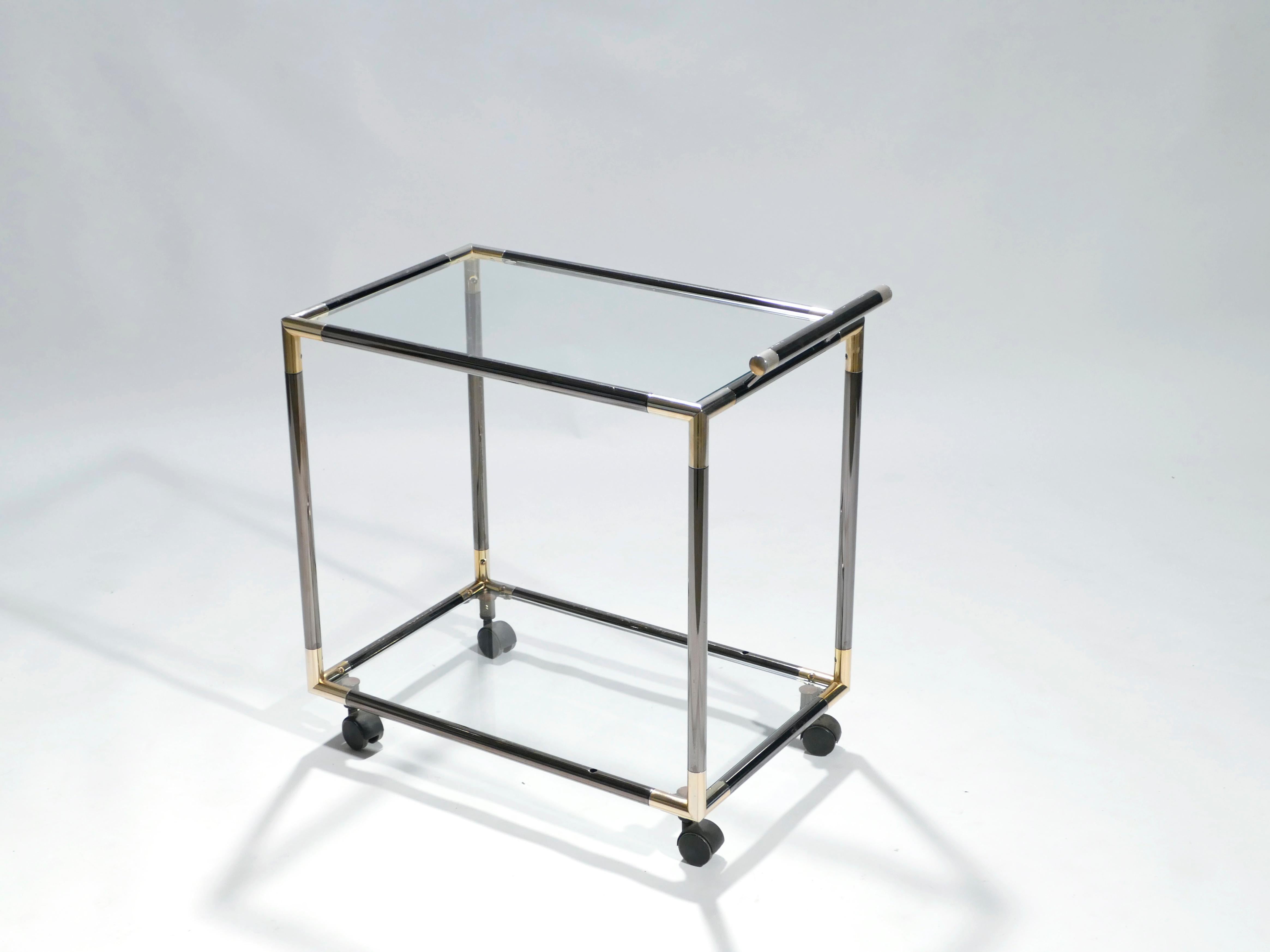 French Hollywood Regency Gunmetal Brass Bar Cart Maison Jansen Style, 1970s (Metall)