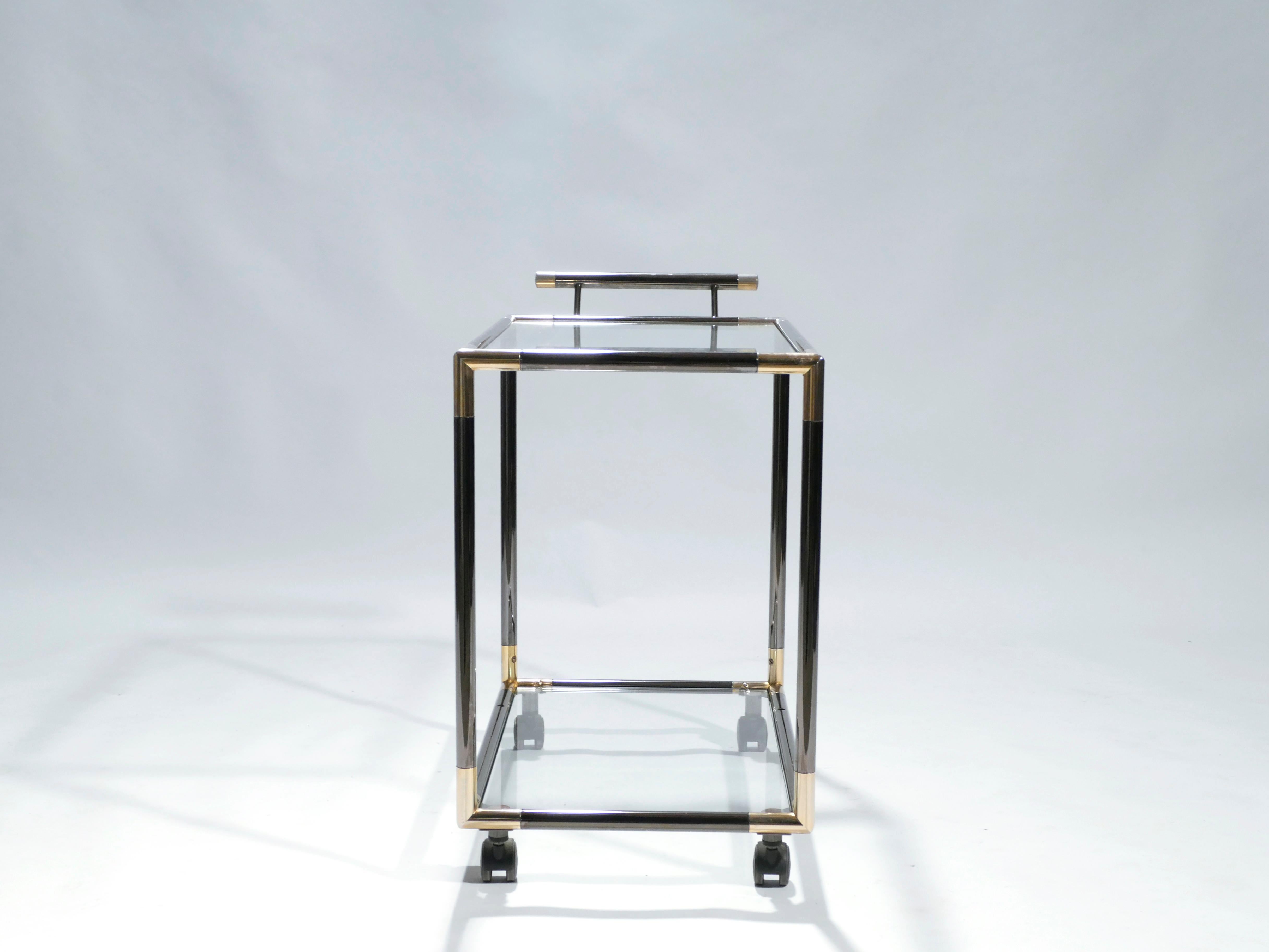 French Hollywood Regency Gunmetal Brass Bar Cart Maison Jansen Style, 1970s 2