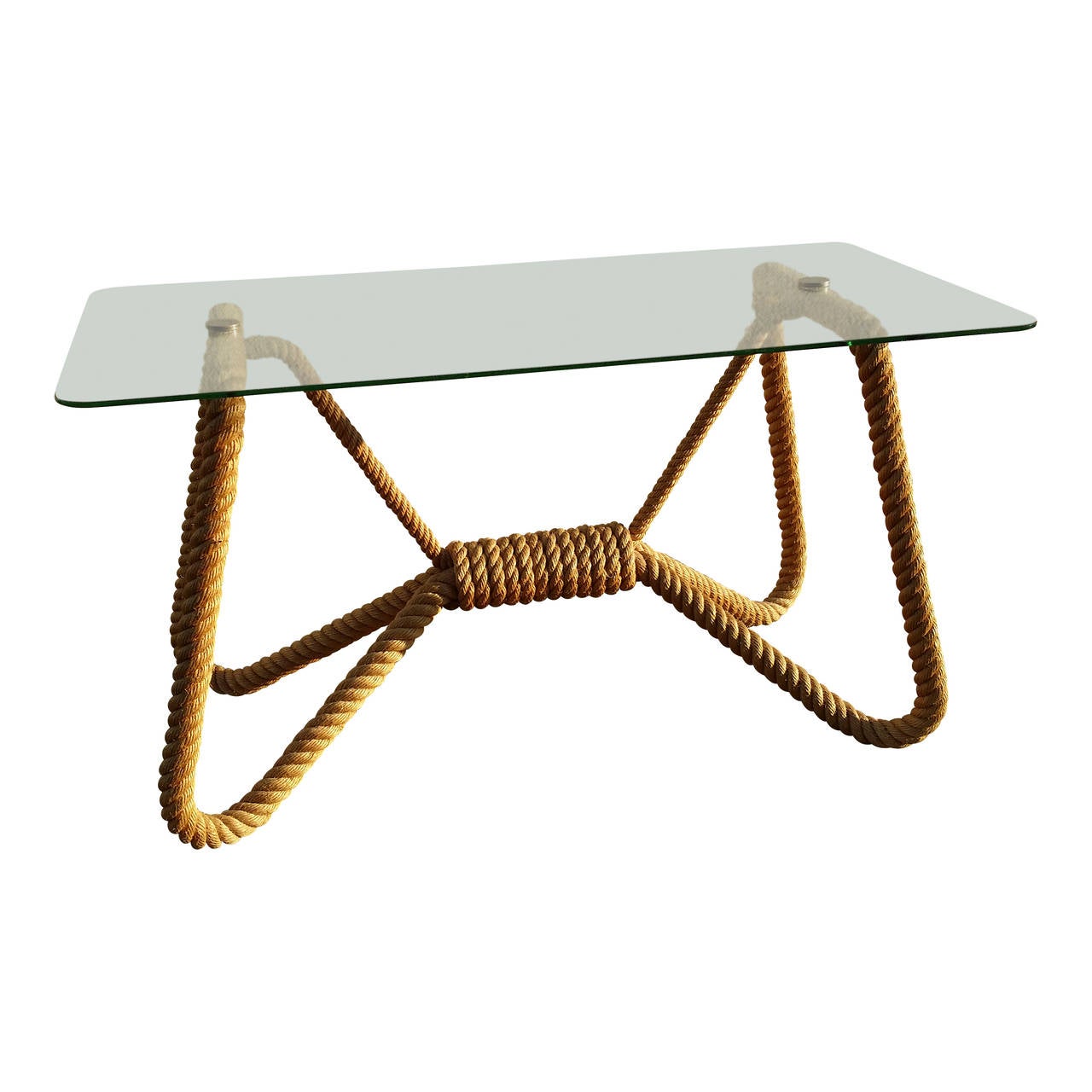 Extremely rare glass and iron and rope structure occasional table.
Brass details.
Excellent vintage condition.
Audoux Minet.