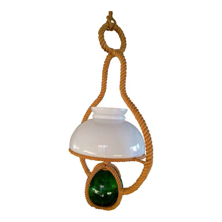 An Exceptional Audoux Minet Chandelier in Rope, Opaline and Marine Globe