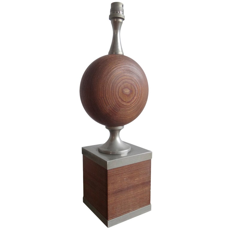Rare Maison Barbier Wood and Steel Lamp - France 1970s - Ipso Facto For Sale
