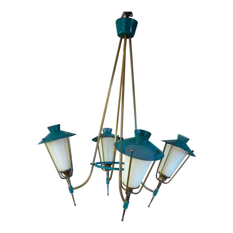 Elegant chandelier by Arlus in brass, lacquered steel and rigitulle.  Original color.  Original rhodoid shades in good condition.  European sockets and wiring.  Item currently in France.