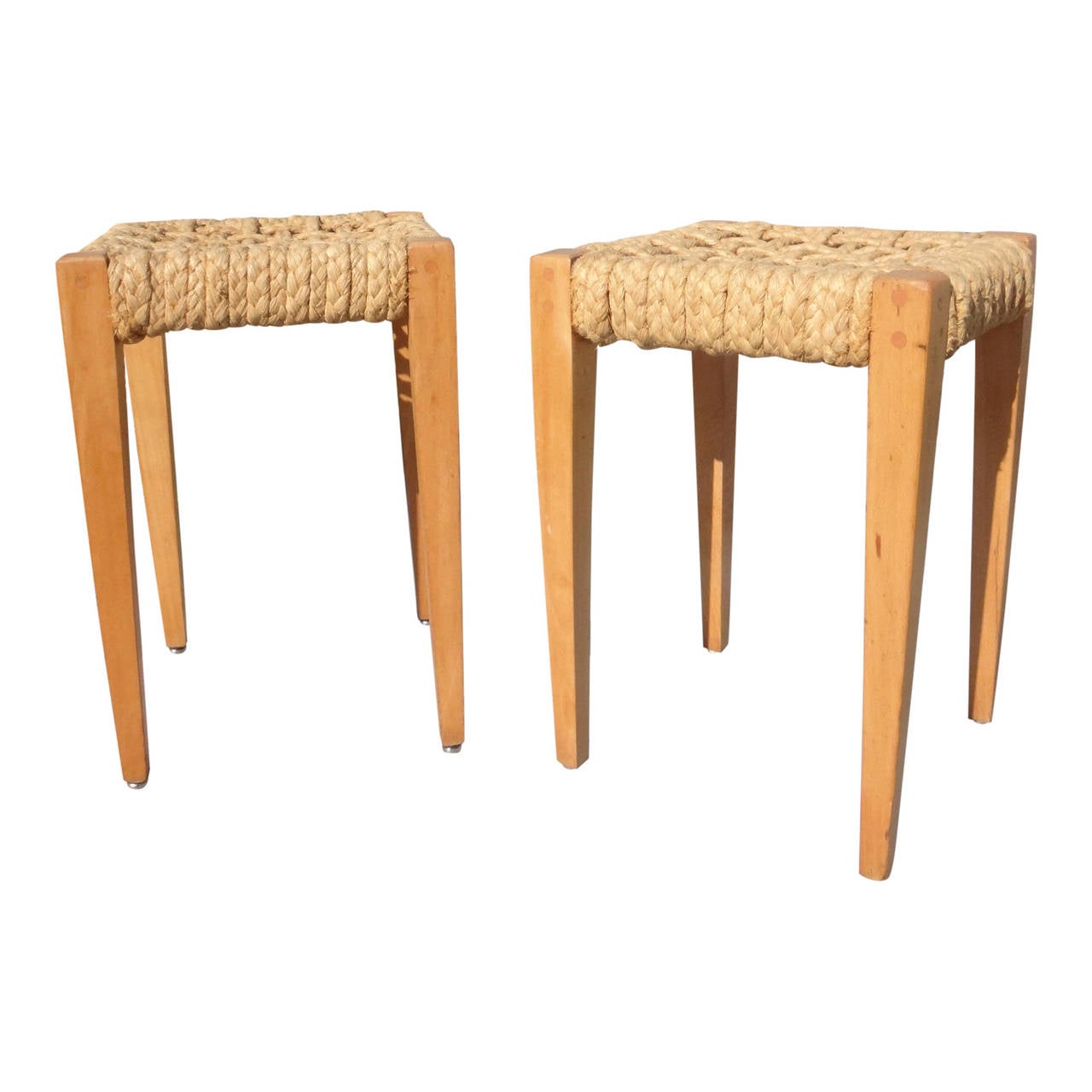 Pair of wood and rope raphia web stools by Adrien Audoux and Frida Minnet.