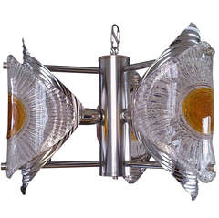 Tryptic Mazzega chandelier in chrome and glass - Italy 1970's - Ipso Facto