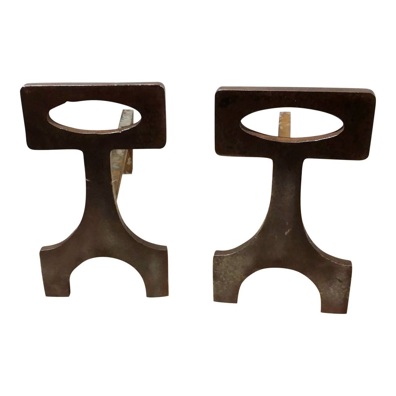 Iron Pair of Modernist Andirons, France 1970s