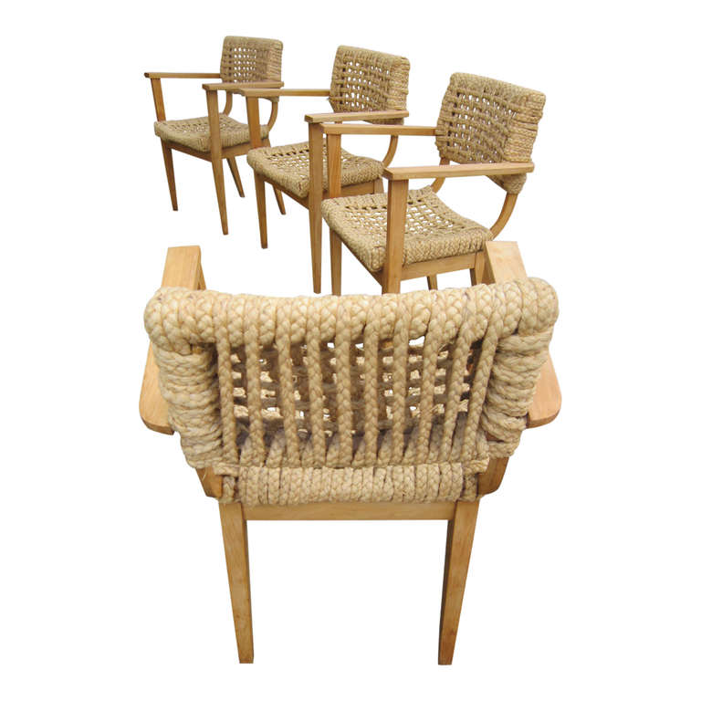 Mid-20th Century rope and beech armchairs by Audoux Minnet - France 1960's - Ipso Facto