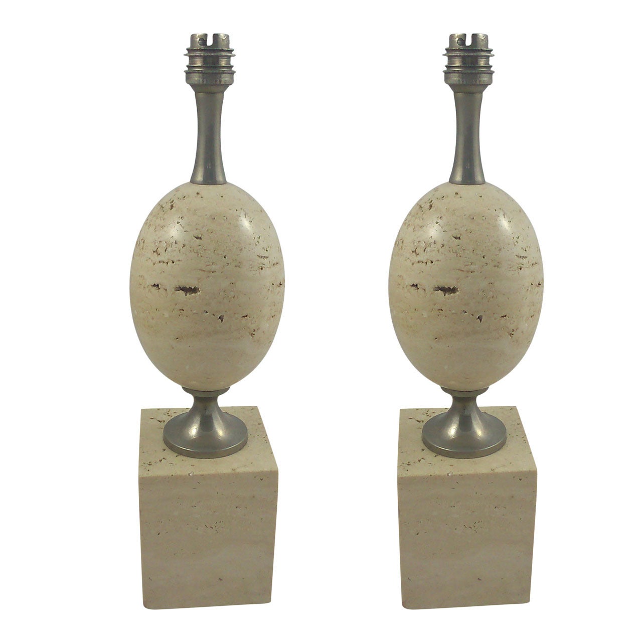 Pair of petite travertine table lamps by P. Barbier - France 1970's - Ipso Facto