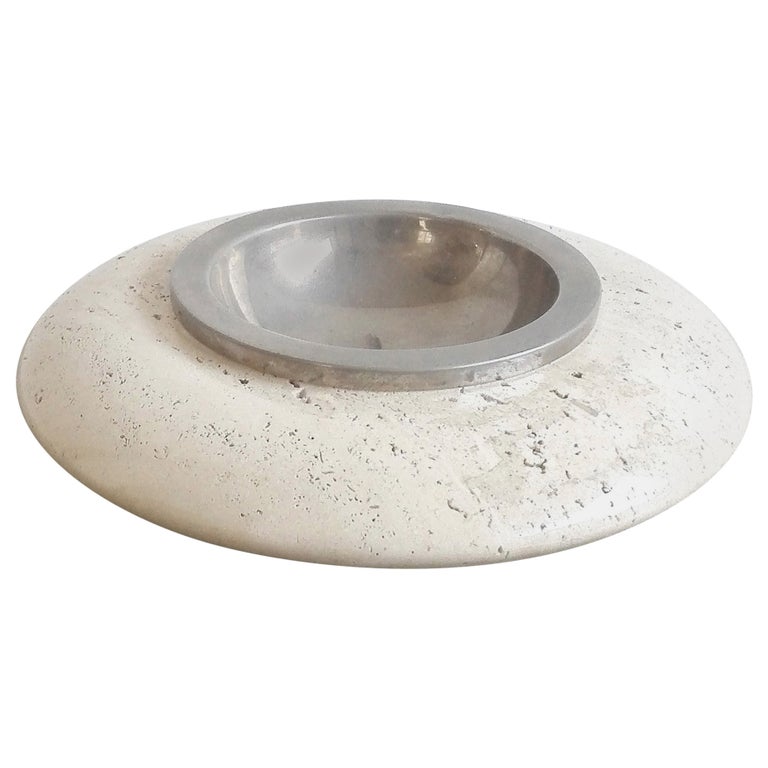 Stainless Steel and Travertine Ashtray by Maison Barbier, France 1970s For Sale