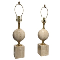 Pair of Beige Travertine Philippe Barbier Table Lamps, France 1970s