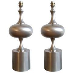 Pair of Magnificent, Brushed Steel Lamps by Barbier - 1970's - Ipso Facto