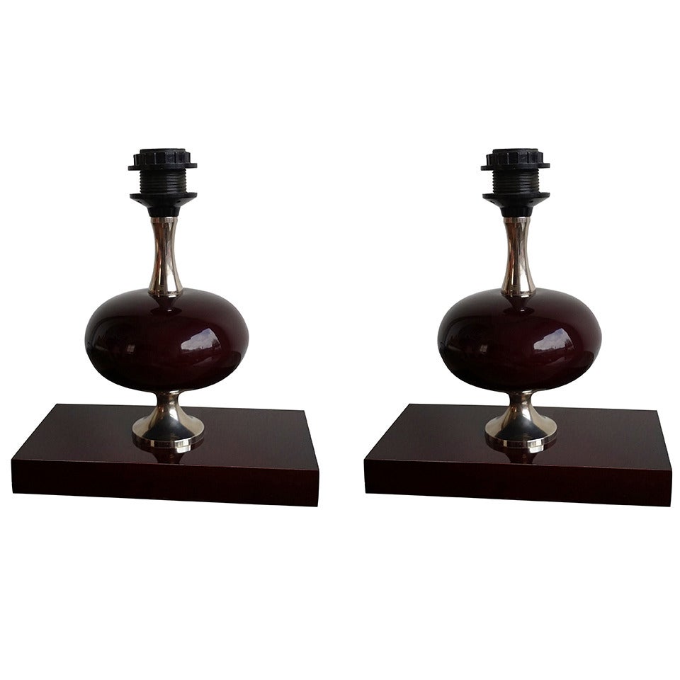 Pair of Deep Bordeaux, Enameled Lamps by P. Barbier - 1970's - Ipso Facto