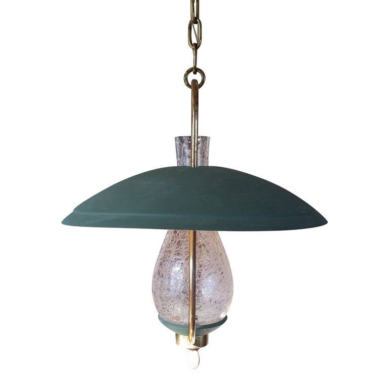 Textured Glass, Brass and Steel Pendant in the Style of Stilnovo - Ipso Facto In Good Condition In New York, NY