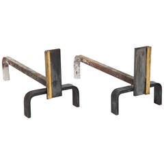 Pair of Minimalist Andirons, France, 1970s Pair of Minimalist Andirons, France, 1970s