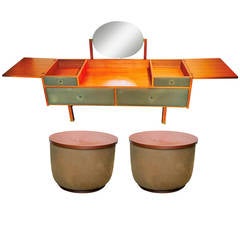 Dressing Table "Coiffeuse" by Roger Landault and Two Stools, France, 1960s
