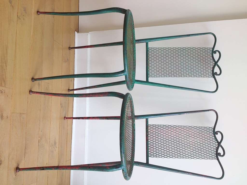 Pair of French 1950 Wrought Green Iron Chairs in the Style of René Prou In Good Condition In New York, NY
