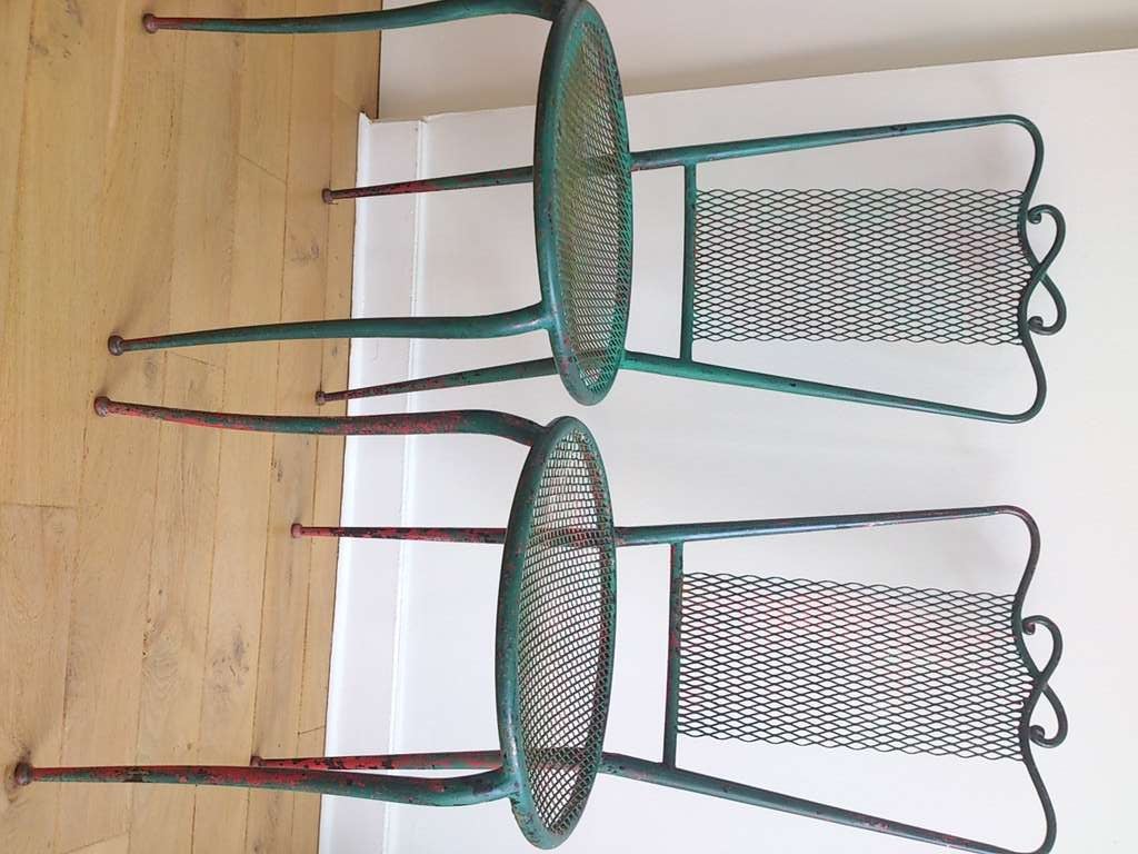 Mid-20th Century Pair of French 1950 Wrought Green Iron Chairs in the Style of René Prou