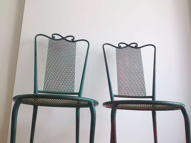 Pair of French 1950 Wrought Green Iron Chairs in the Style of René Prou 1