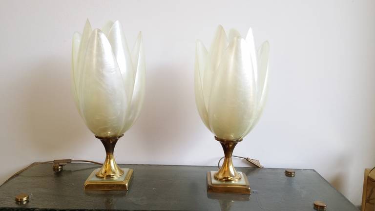 Unlike most Rougier table lamps, these ones feature six petals instead of three ; excellent vintage condition ; will feature European bulbs ; European socket and wiring.item is currently located in Paris France