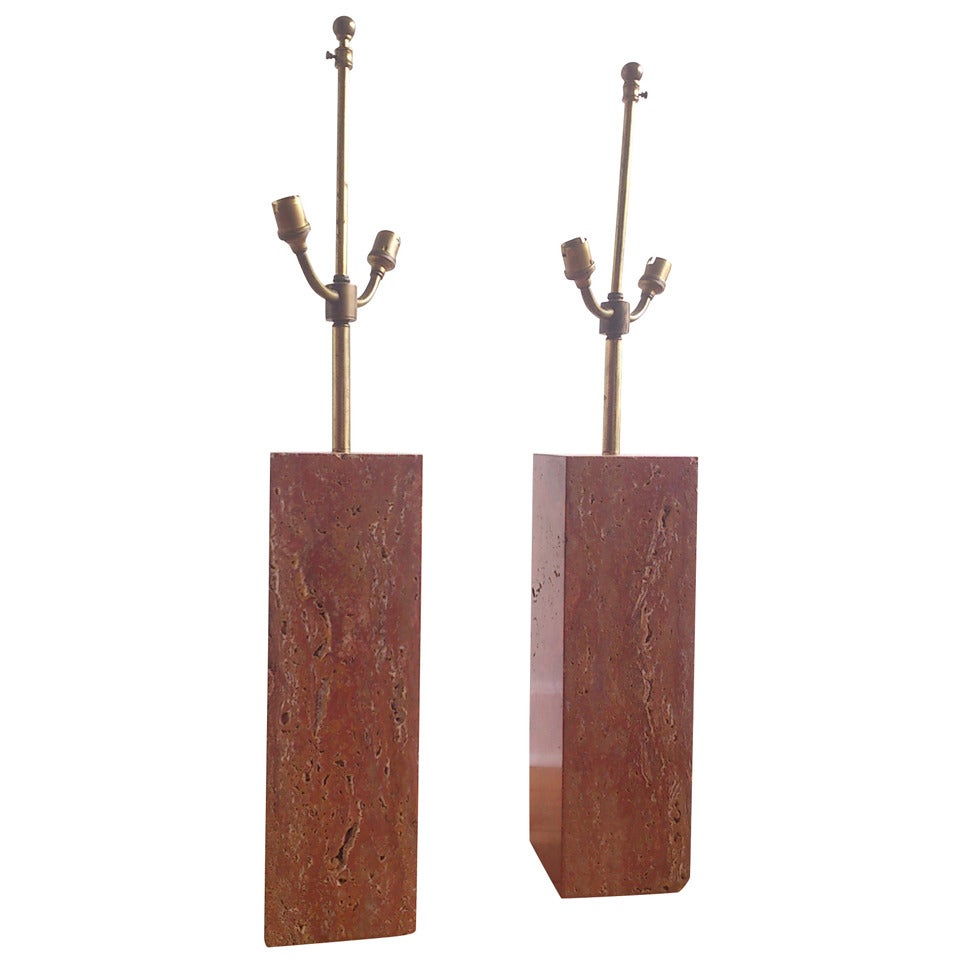 Oversized red travertine 1960's lamps in style of Maison Barbier - Ipso Facto