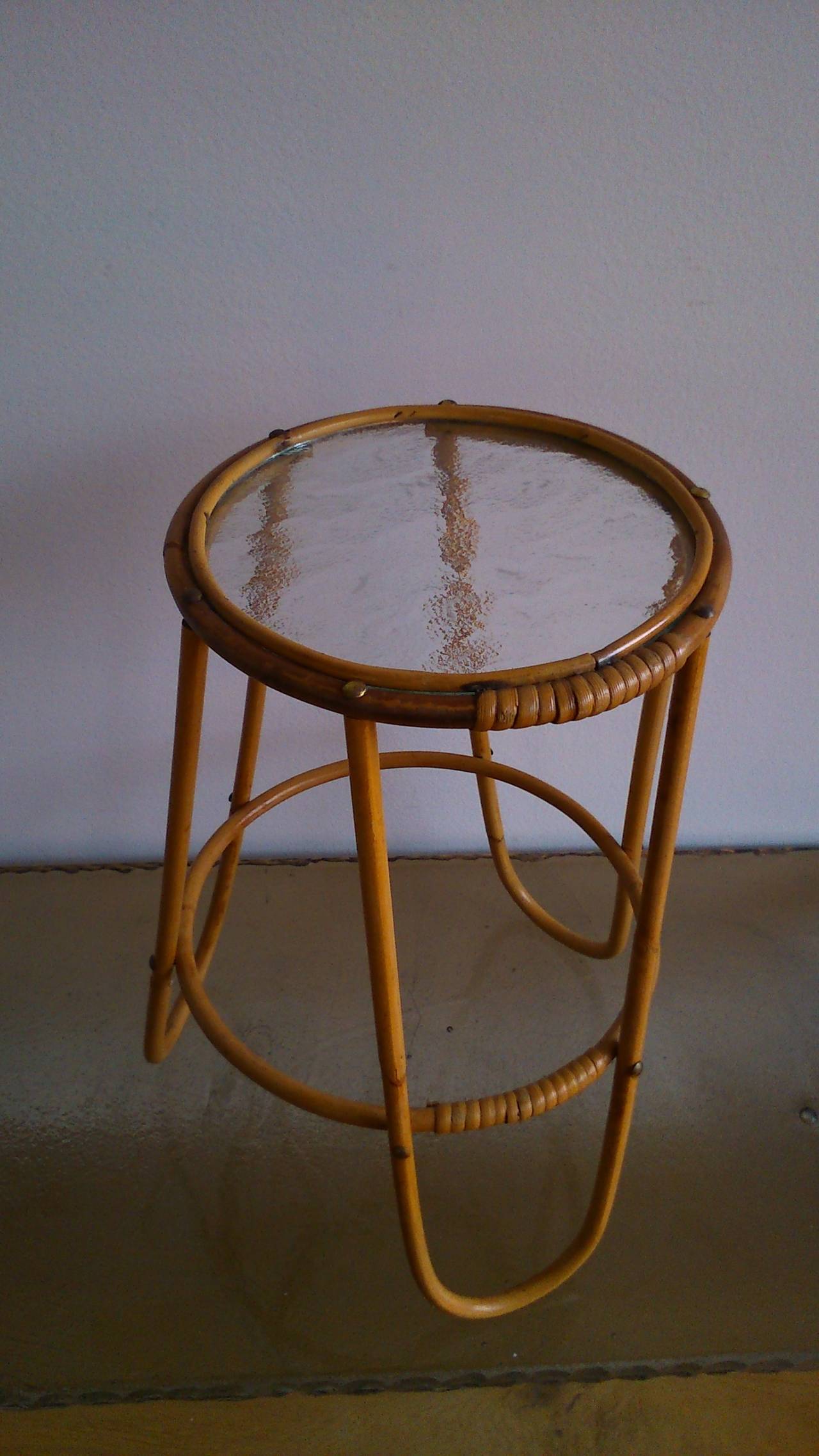 Petite 1930s Rattan Sellette Side Table, France 1930s In Fair Condition In New York, NY