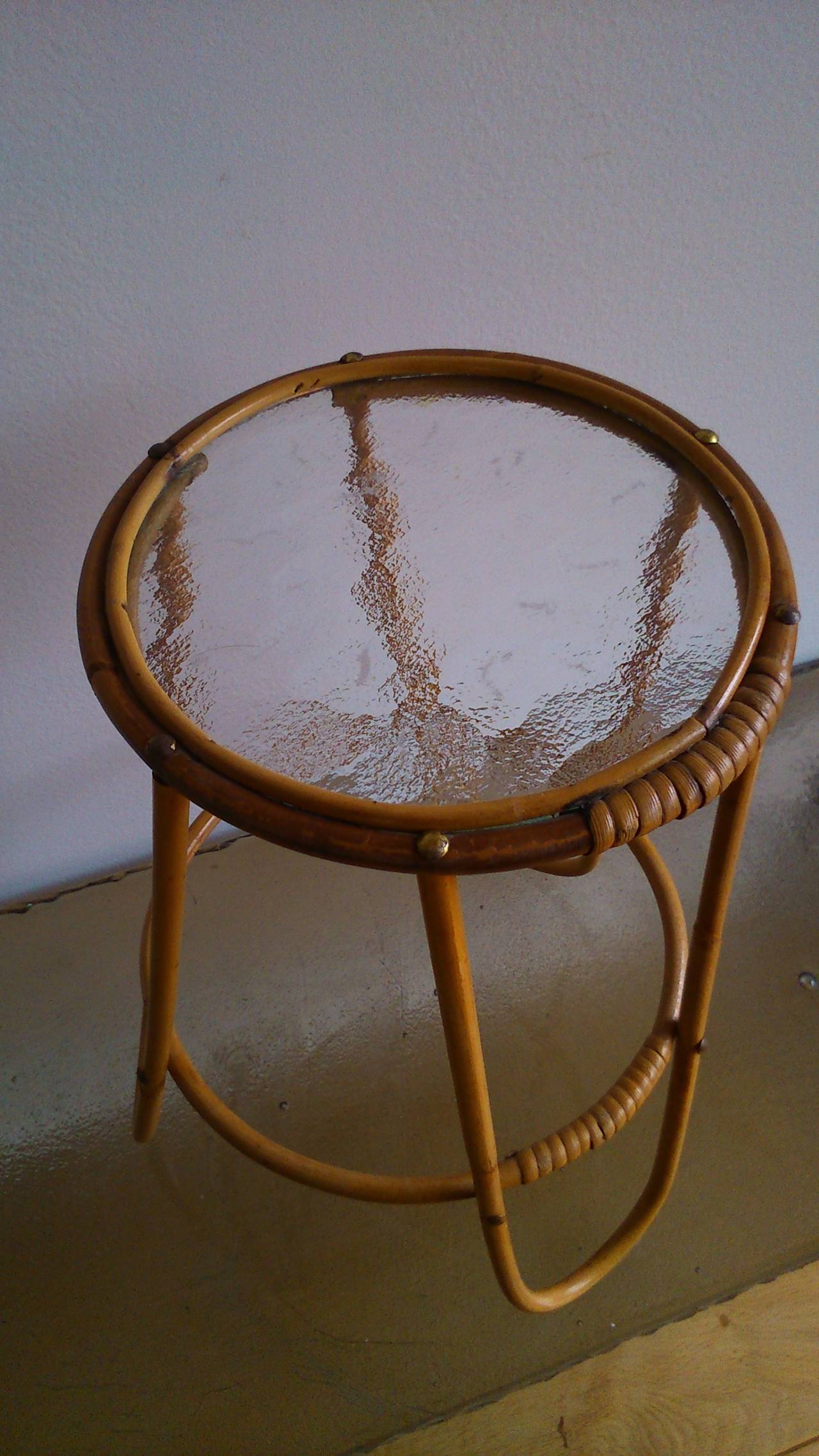 French Petite 1930s Rattan Sellette Side Table, France 1930s