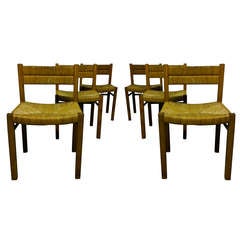 6 Straw and Pine Dining Room Chairs by Pierre Gautier Delaye - France Ipso Facto