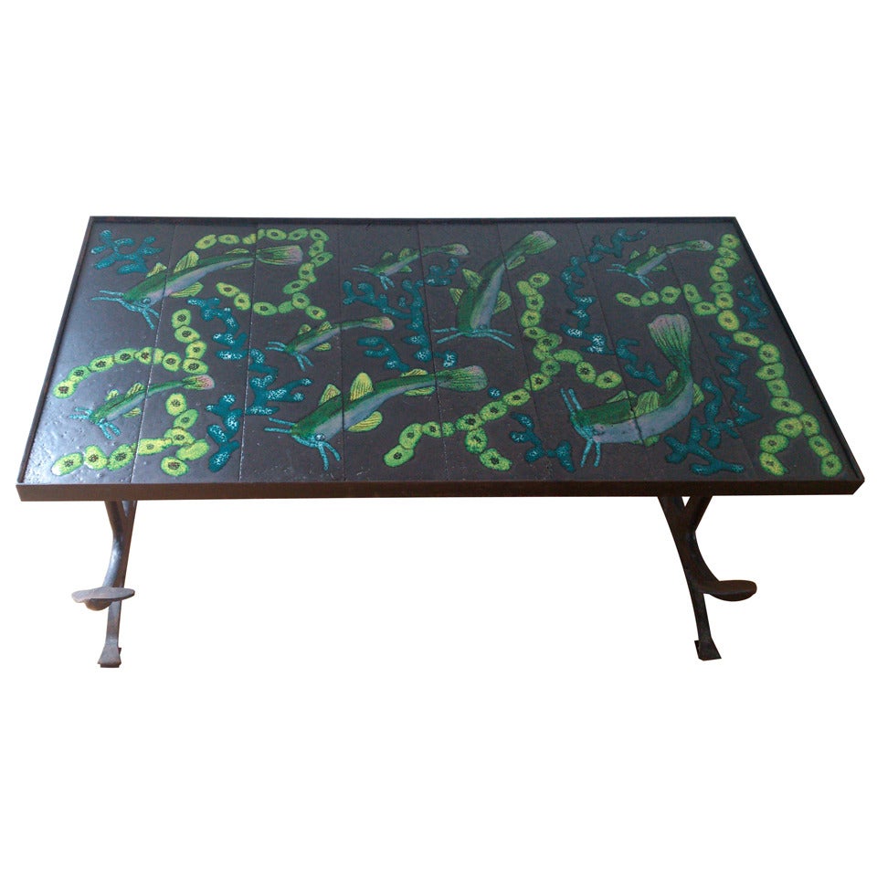 Enameled Lava and Iron Coffee Table Attributed to Jacques Adnet - Ipso Facto