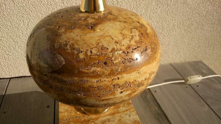 Late 20th Century Oversized Maison Barbier Travertine And Brass Lamp - France 1970's - Ipso Facto