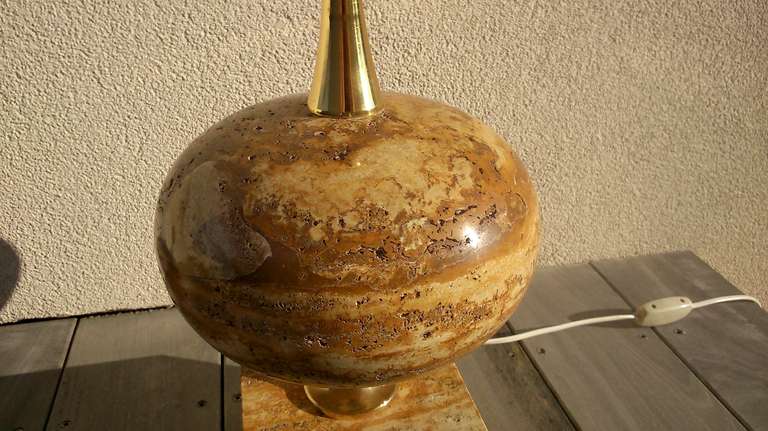 Oversized Maison Barbier Travertine And Brass Lamp - France 1970's - Ipso Facto 1