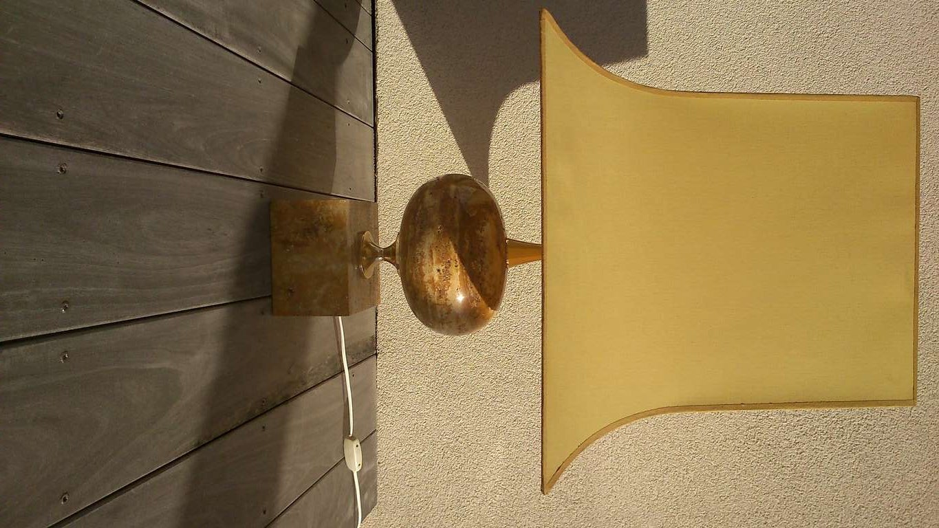 French Oversized Maison Barbier Travertine And Brass Lamp - France 1970's - Ipso Facto
