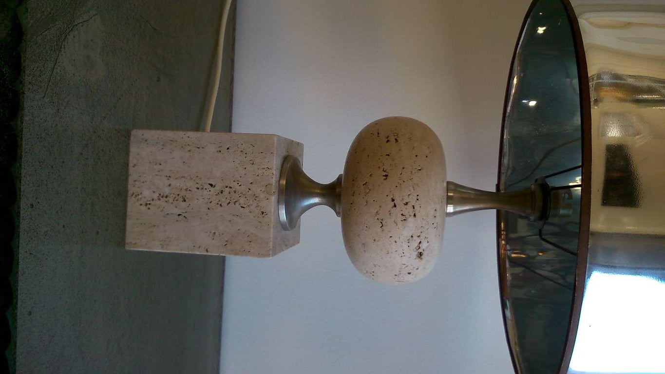 French Maison Barbier Travertine & Polished Steel Lamp - France 1970's - Ipso Facto
