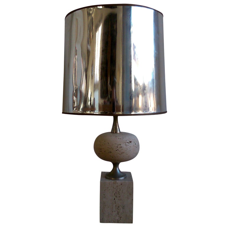 Maison Barbier Travertine & Polished Steel Lamp - France 1970's - Ipso Facto For Sale
