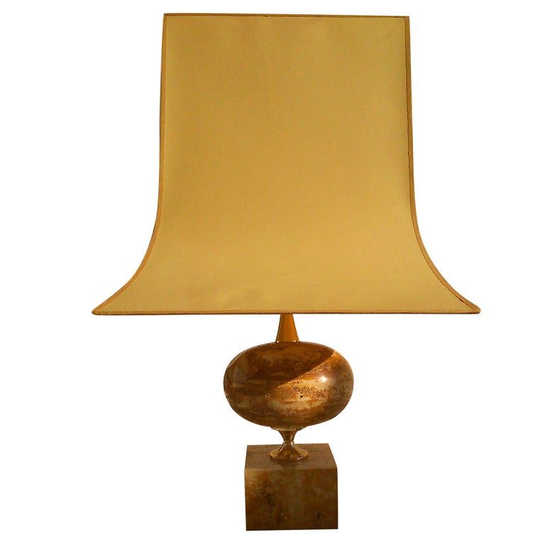 Oversized Maison Barbier Travertine And Brass Lamp - France 1970's - Ipso Facto For Sale