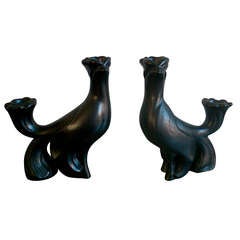 Jouve style zoomorphic Terracota Candle Holders- France 1960's - Ipso Facto