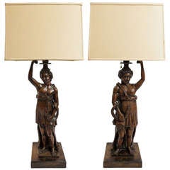 19th Century Mythological Women and Snakes Wood Carved Lamps 