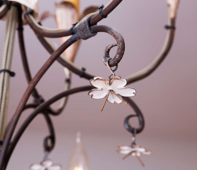 19th Century French Iron 12 Light Chandelier with Tole Flower Candle Holders In Good Condition For Sale In Nashville, TN