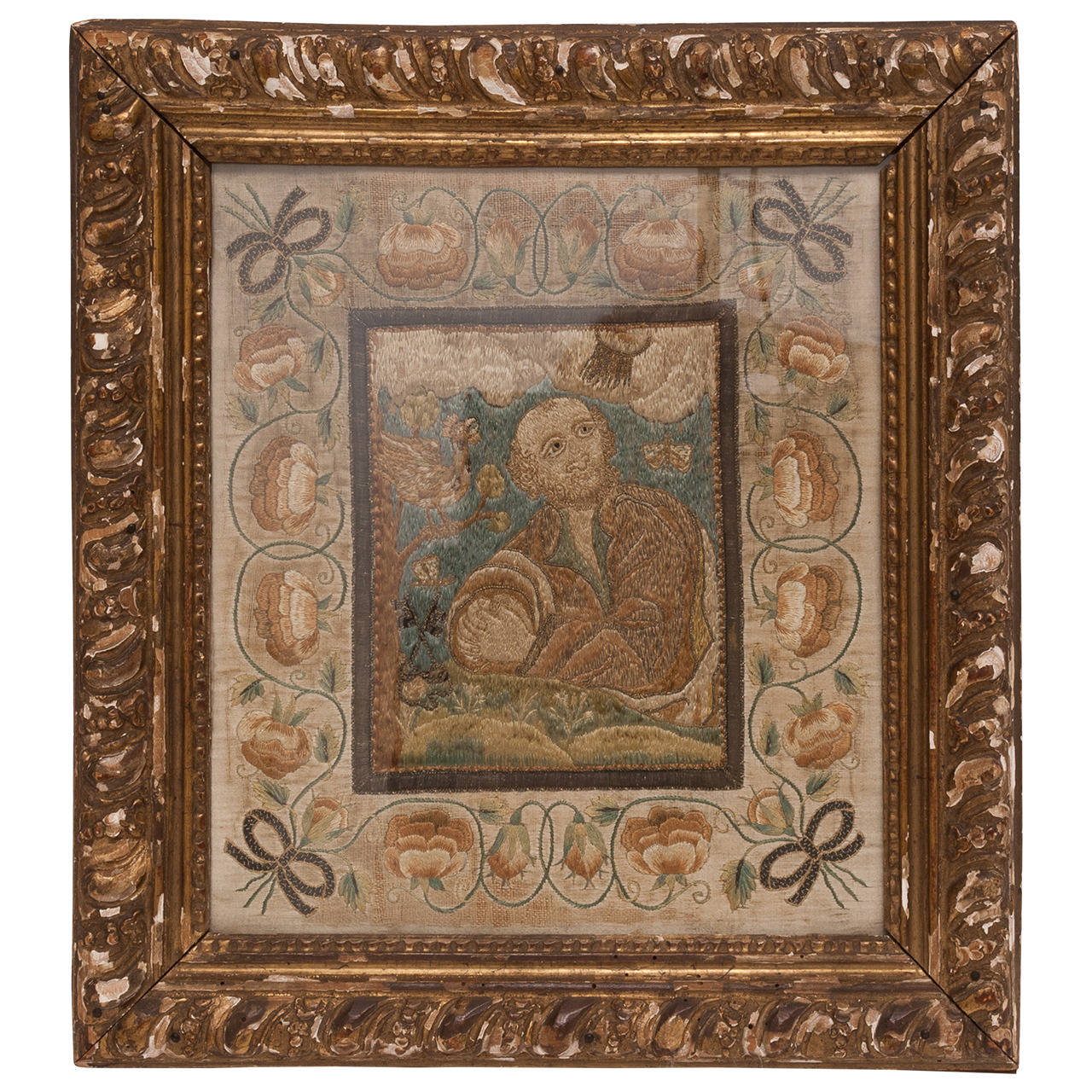 18th Century Needlework of Silk Thread in Gilt Frame Italian For Sale