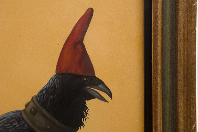 Black Bird with Red Cap standing on a Green Ball.  Artist, Werner Wildner, German/Nashville, Tennessee (1925-2004) signed lower right hand 