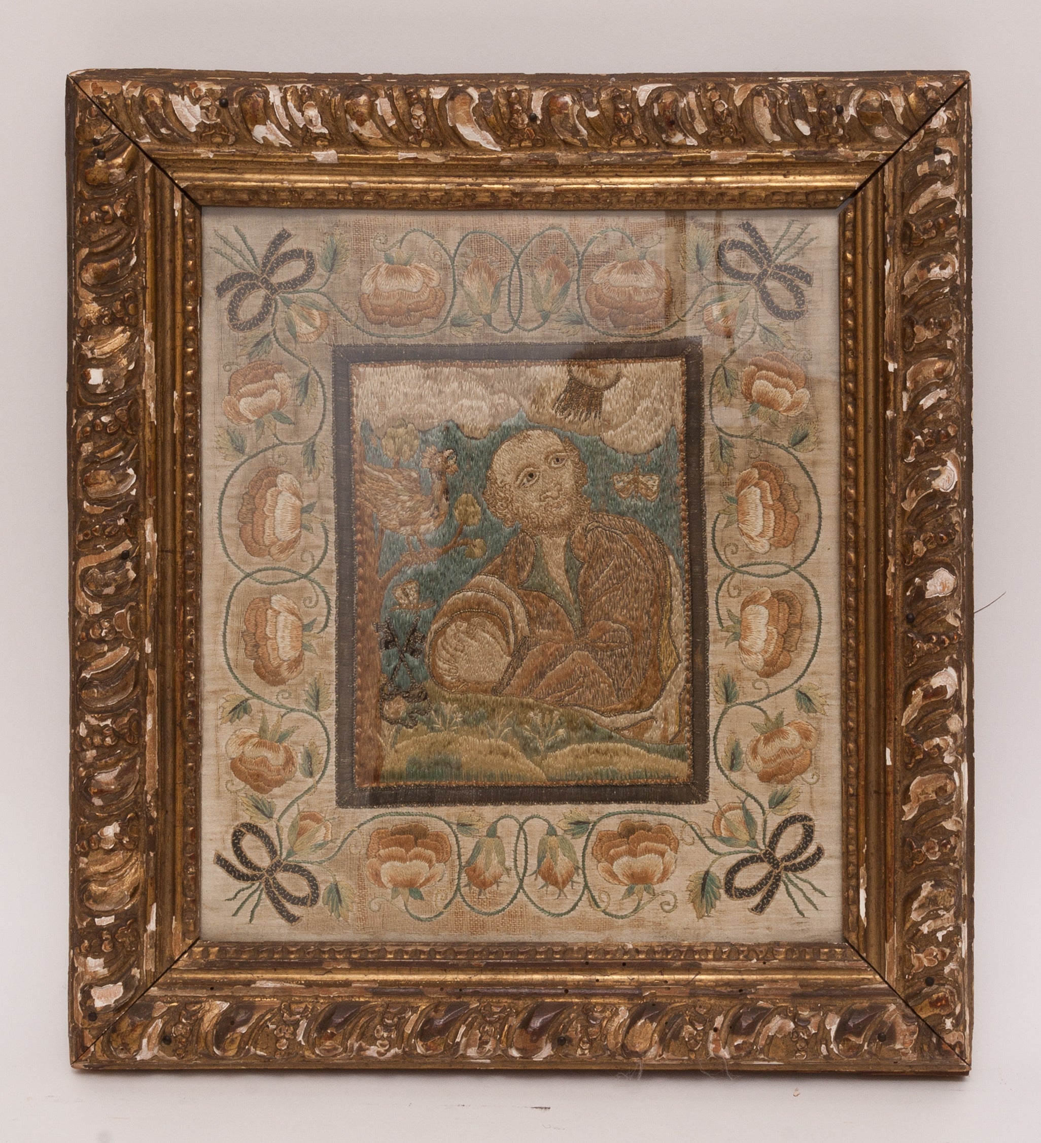 18th Century Needlework of Silk Thread in Gilt Frame Italian For Sale